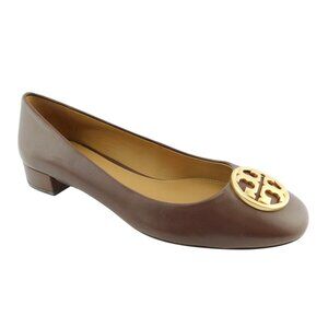 New TORY BURCH Logo Brown Leather 25mm Block Heel Ballet Flats 8
